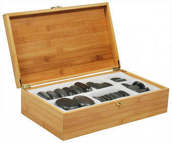 Набор массажных камней из базальта в коробке из бамбука (45 шт.) НК-2Б 